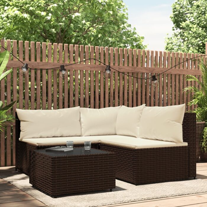 Salon de jardin 4 pcs avec coussins Marron Résine tressée – Image 1
