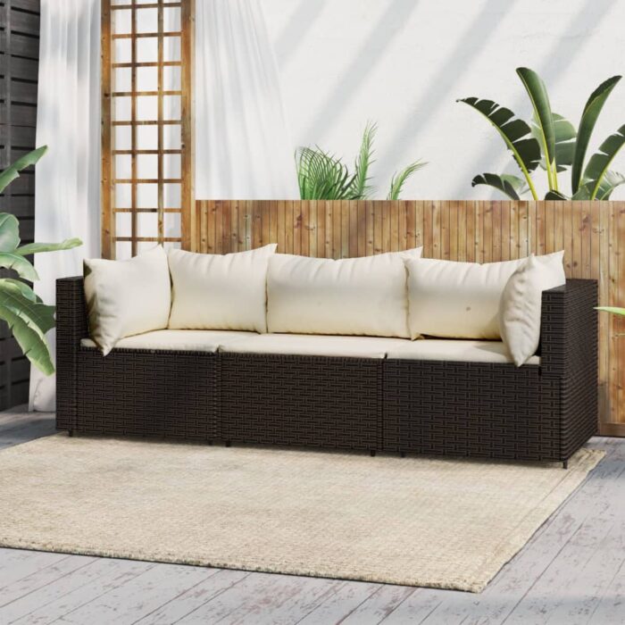 Salon de jardin 3 pcs avec coussins marron résine tressée – Image 1