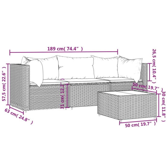 Salon de jardin 4 pcs avec coussins Marron Résine tressée – Image 9