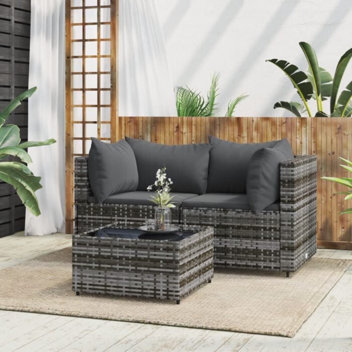 Salon de jardin 3 pcs avec coussins Gris Résine tressée – Image 1