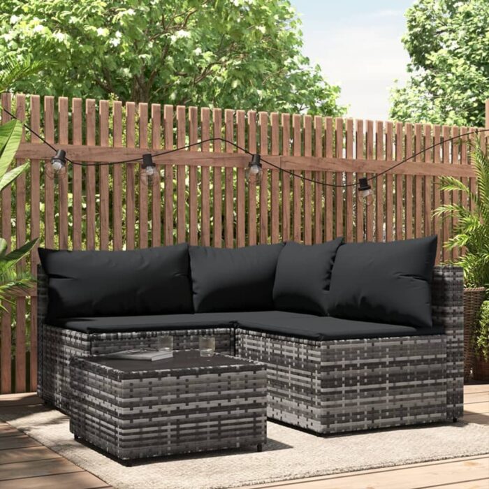 Salon de jardin 4 pcs avec coussins Gris Résine tressée – Image 1