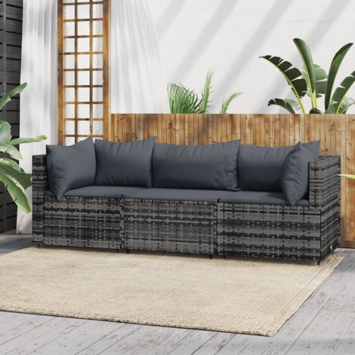 Salon de jardin 3 pcs avec coussins Gris Résine tressée – Image 1