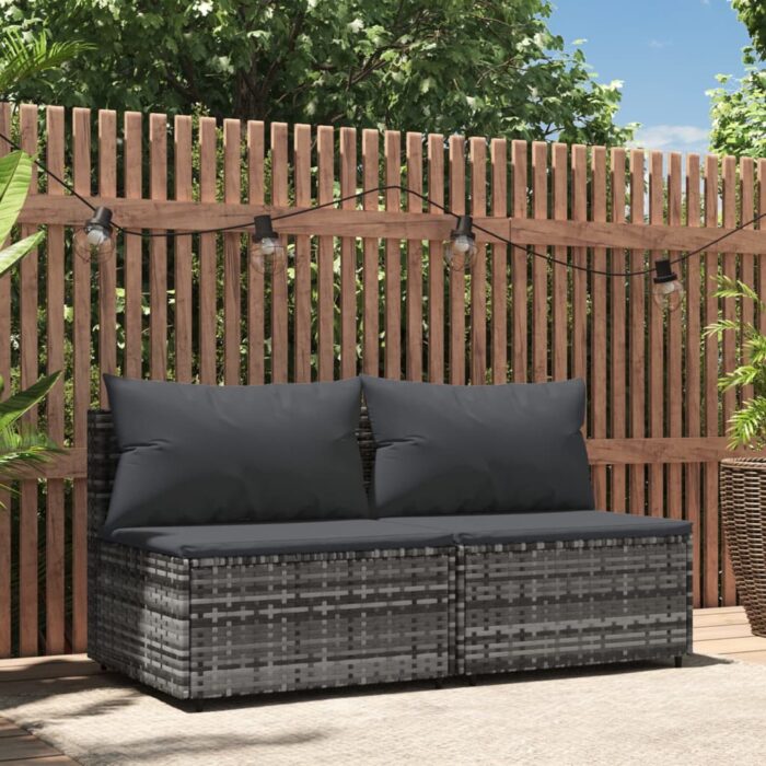 Canapés centraux de jardin et coussins 2pcs Gris Résine tressée – Image 1