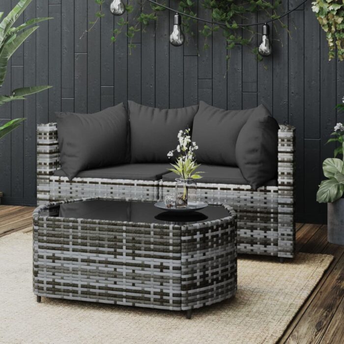 Salon de jardin 3 pcs avec coussins Gris Résine tressée – Image 1