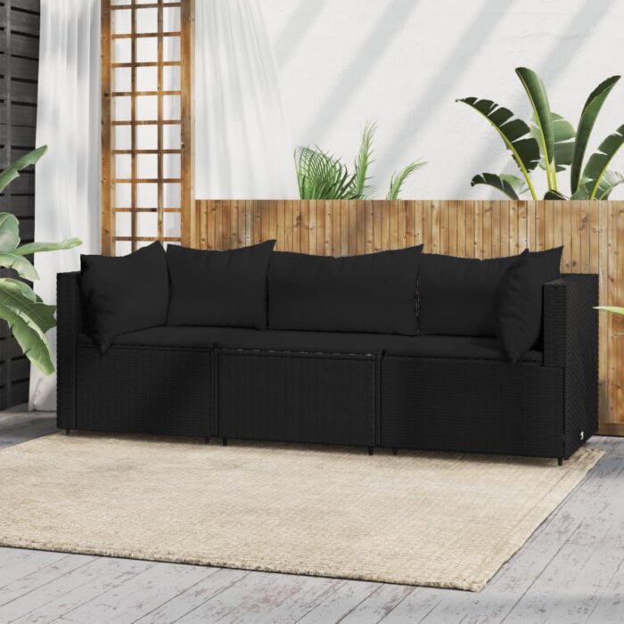 Salon de jardin 3 pcs avec coussins Noir Résine tressée – Image 1