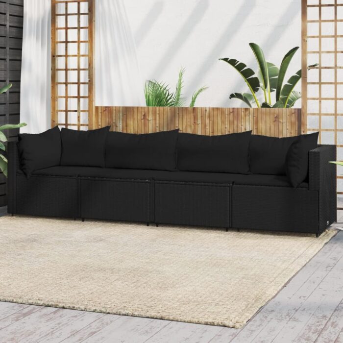 Salon de jardin 4 pcs avec coussins Noir Résine tressée – Image 1
