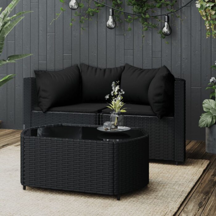 Salon de jardin 3 pcs avec coussins Noir Résine tressée – Image 1