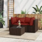 Salon de jardin 3 pcs avec coussins marron résine tressée