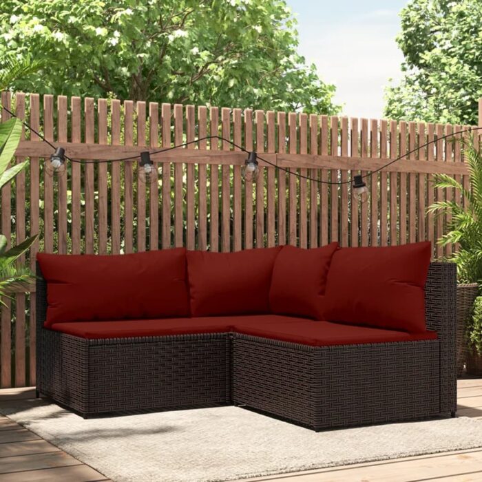 Salon de jardin 3 pcs avec coussins marron résine tressée – Image 1