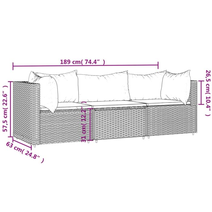 Salon de jardin 3 pcs avec coussins marron résine tressée – Image 7