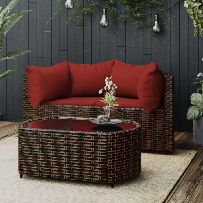 Salon de jardin 3 pcs avec coussins marron résine tressée – Image 1