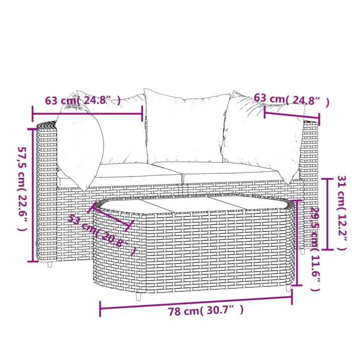 Salon de jardin 3 pcs avec coussins marron résine tressée – Image 9