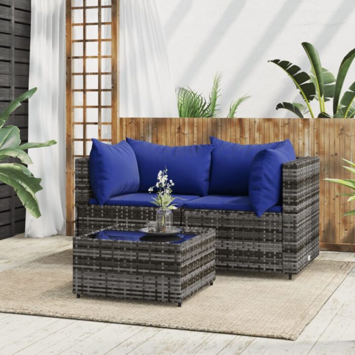 Salon de jardin 3 pcs avec coussins Gris Résine tressée – Image 1