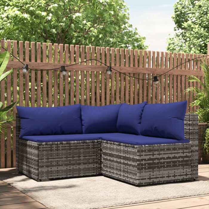 Salon de jardin 3 pcs avec coussins Gris Résine tressée – Image 1