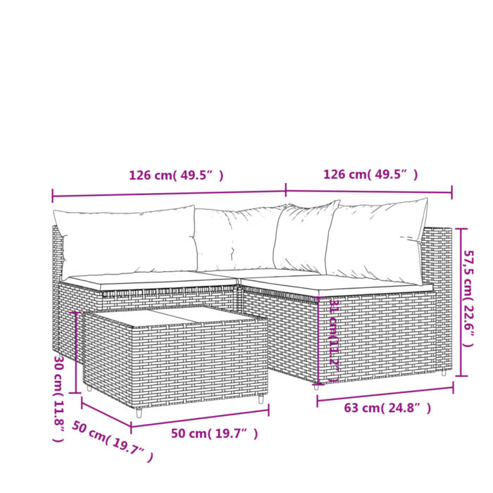 Salon de jardin 4 pcs avec coussins Gris Résine tressée – Image 9