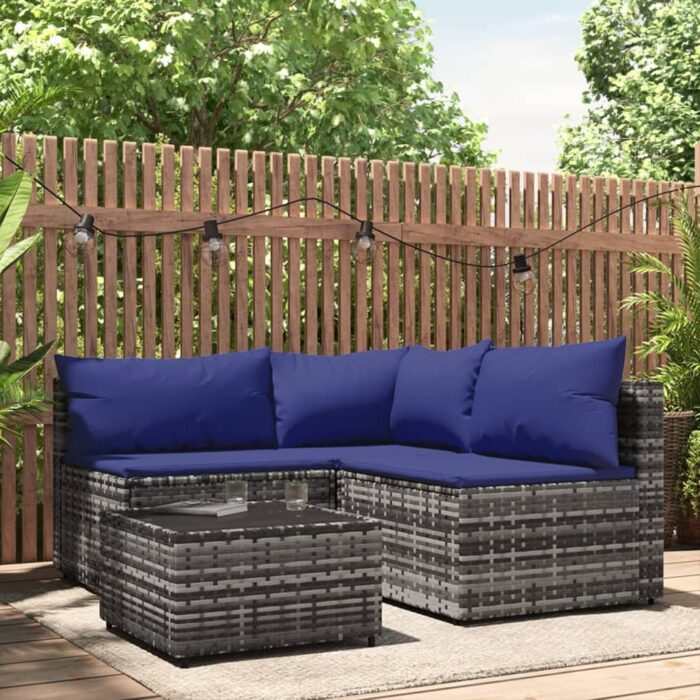 Salon de jardin 4 pcs avec coussins Gris Résine tressée – Image 1