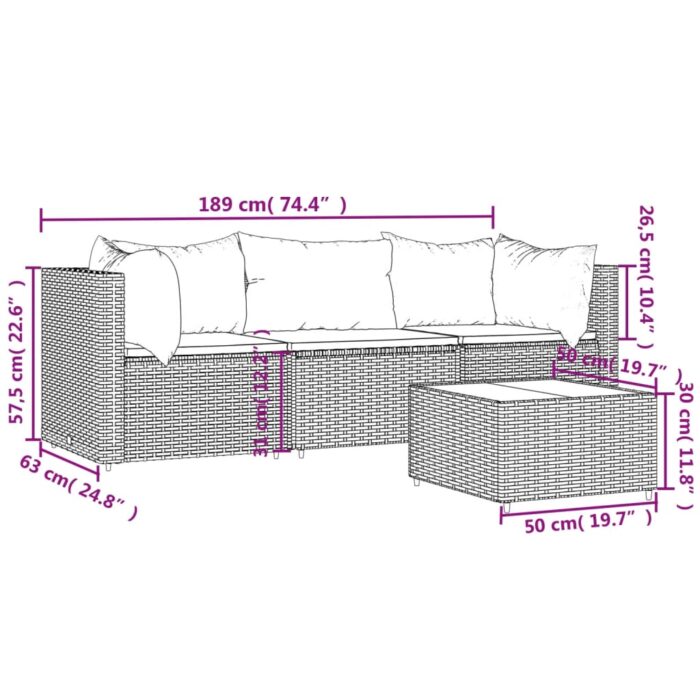 Salon de jardin 4 pcs avec coussins Gris Résine tressée – Image 9