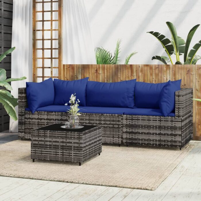 Salon de jardin 4 pcs avec coussins Gris Résine tressée – Image 1