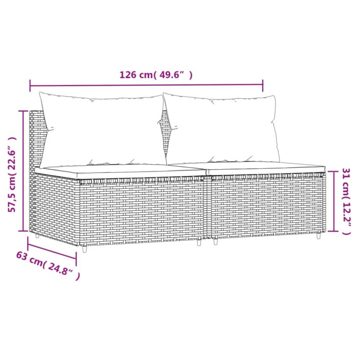 Canapés centraux de jardin et coussins 2pcs Gris Résine tressée – Image 6