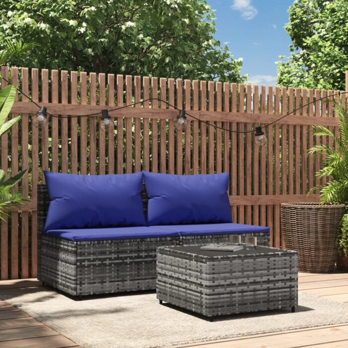 Salon de jardin 3 pcs avec coussins Gris Résine tressée – Image 1