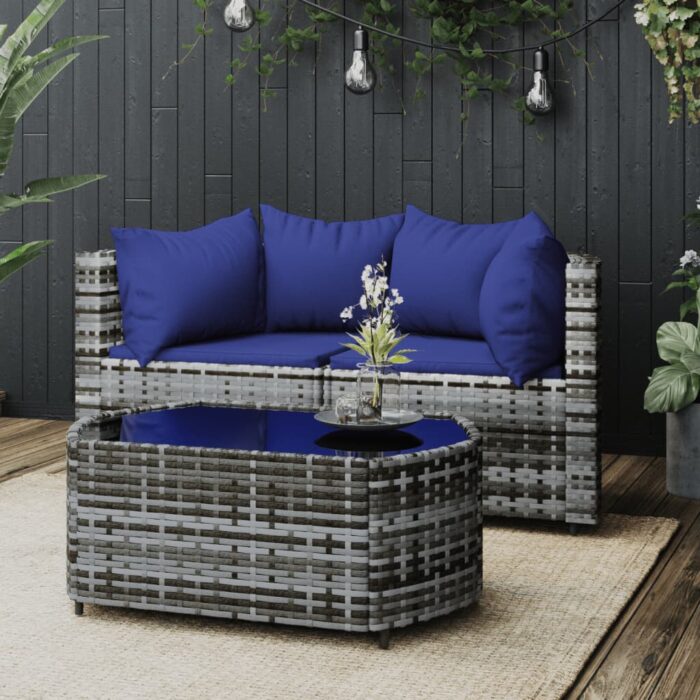 Salon de jardin 3 pcs avec coussins Gris Résine tressée – Image 1
