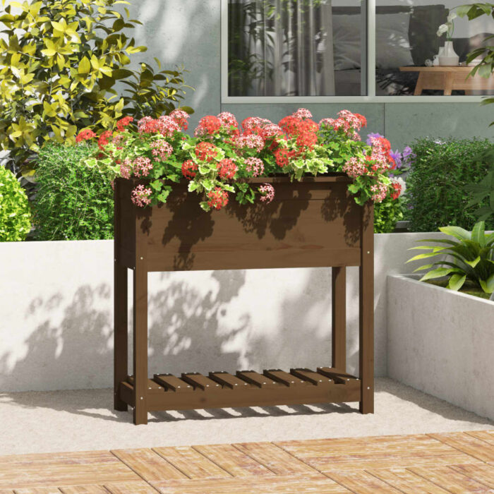 Jardinière avec étagère Marron miel 82,5x34,5x81 cm Bois de pin – Image 1