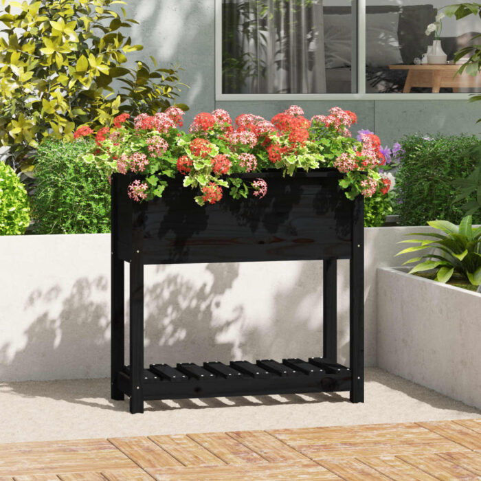 Jardinière avec étagère Noir 82,5x34,5x81 cm Bois massif de pin – Image 1