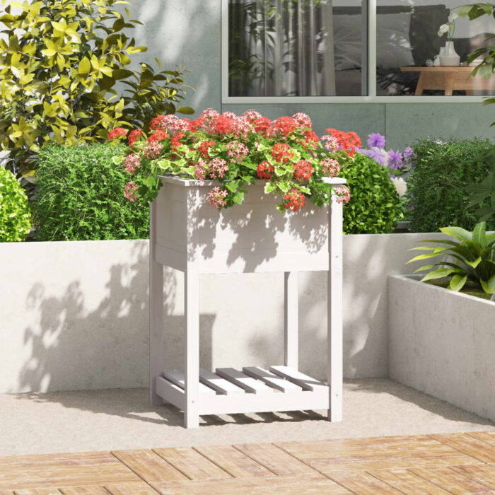 Jardinière avec étagère Blanc 54x54x81 cm Bois massif de pin – Image 1