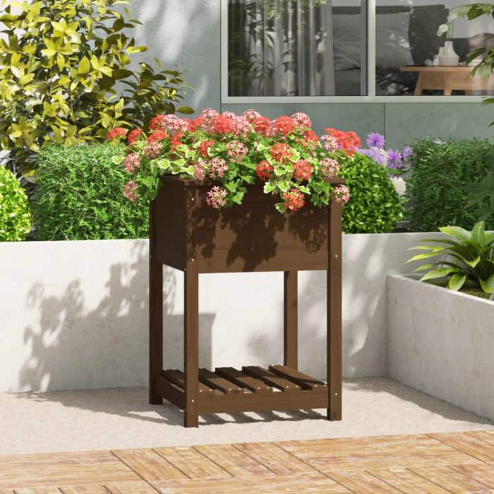 Jardinière avec étagère Marron miel 54x54x81 cm Bois de pin – Image 1