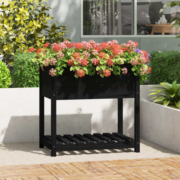 Jardinière avec étagère Noir 82,5x54x81 cm Bois massif de pin – Image 1