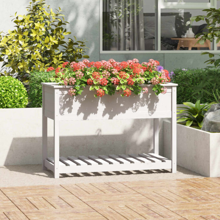 Jardinière avec étagère Blanc 111,5x54x81 cm Bois massif de pin – Image 1