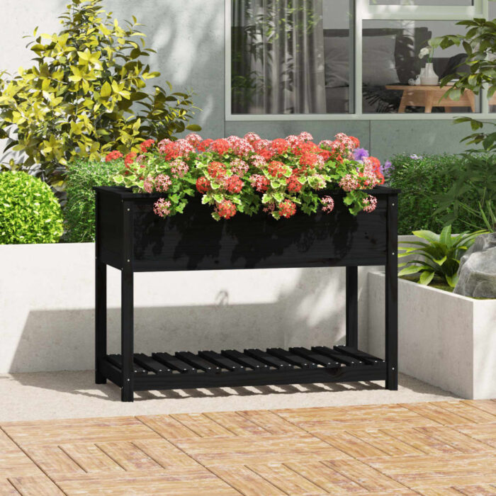 Jardinière avec étagère Noir 111,5x54x81 cm Bois massif de pin – Image 1