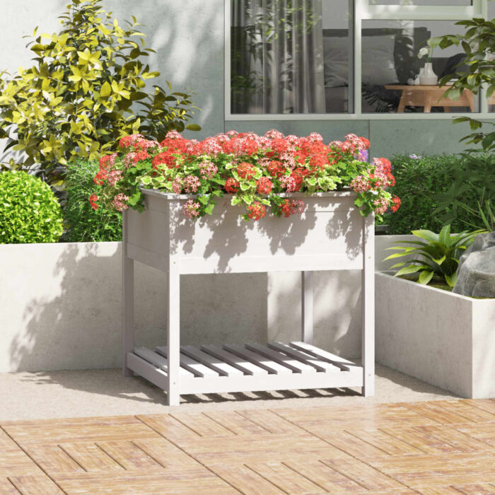 Jardinière avec étagère Blanc 82,5x82,5x81cm Bois massif de pin – Image 1