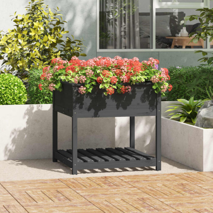 Jardinière avec étagère Gris 82,5x82,5x81 cm Bois massif de pin – Image 1