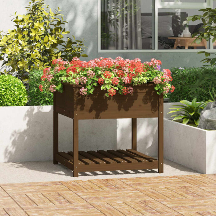 Jardinière avec étagère Marron miel 82,5x82,5x81 cm Bois de pin – Image 1