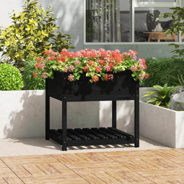 Jardinière avec étagère Noir 82,5x82,5x81 cm Bois massif de pin – Image 1
