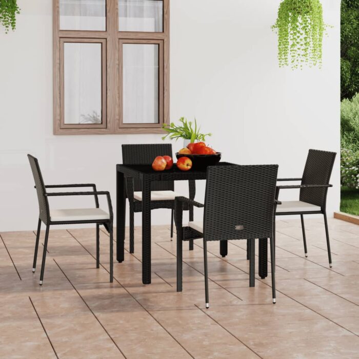 Chaises de jardin lot de 4 avec coussins Résine tressée Noir – Image 1