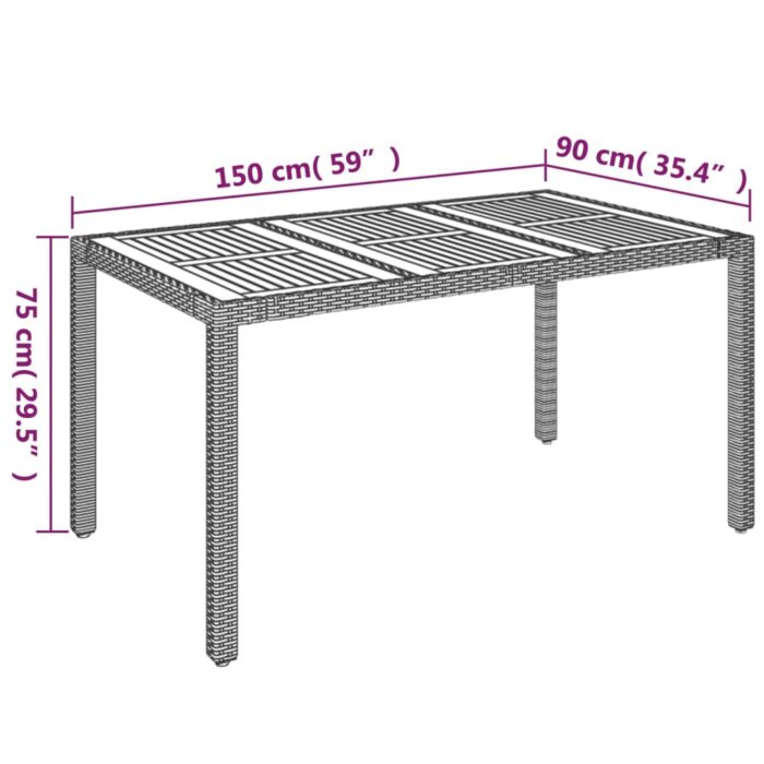 Table de jardin dessus en bois Gris 150x90x75 cm Résine tressée – Image 5