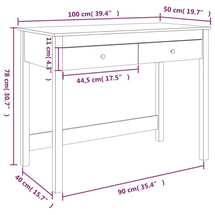 Bureau avec tiroirs Marron miel 100x50x78 cm Bois massif de pin – Image 8