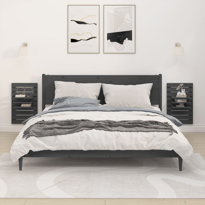Étagères de chevet murales 2 pcs Gris Bois de pin massif – Image 1