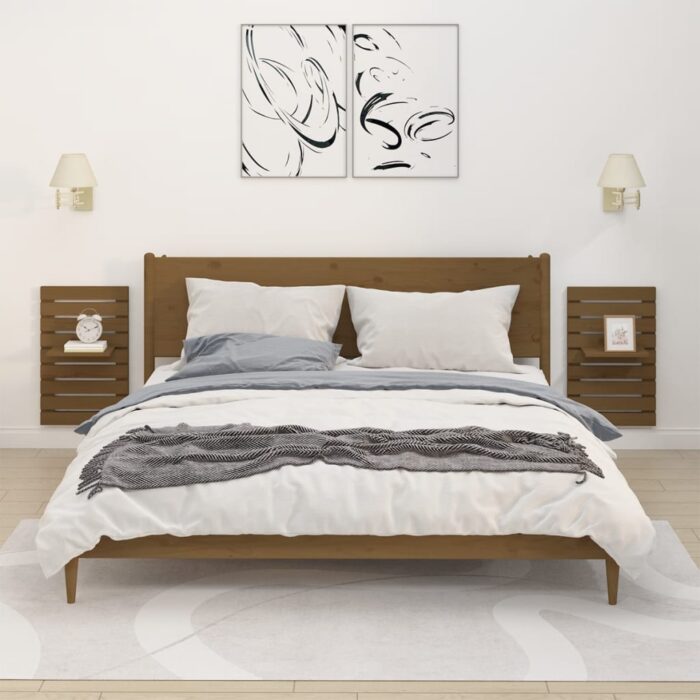 Étagères de chevet murales 2 pcs Marron miel Bois de pin massif – Image 1