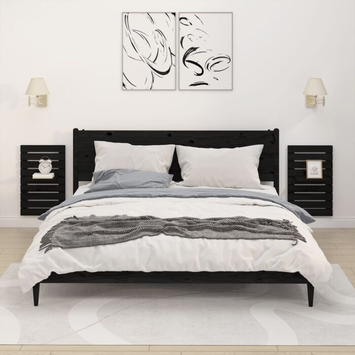 Étagères de chevet murales 2 pcs Noir Bois de pin massif – Image 1