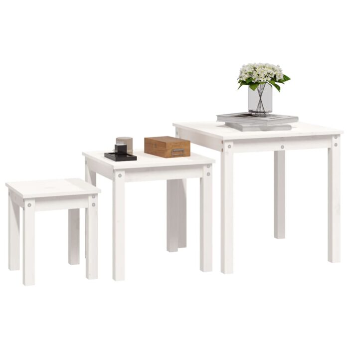 Tables gigognes 3 pcs Blanc Bois de pin massif – Image 2