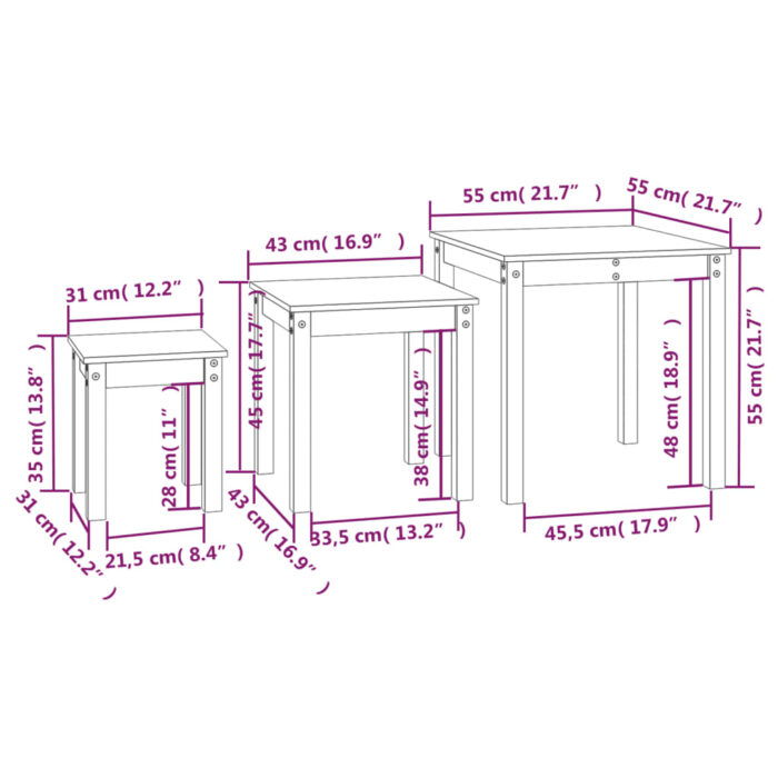 Tables gigognes 3 pcs Blanc Bois de pin massif – Image 9