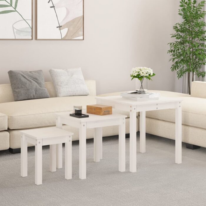 Tables gigognes 3 pcs Blanc Bois de pin massif – Image 1