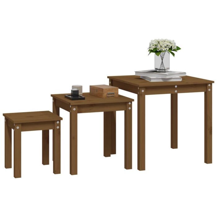 Tables gigognes 3 pcs Marron miel Bois de pin massif – Image 2