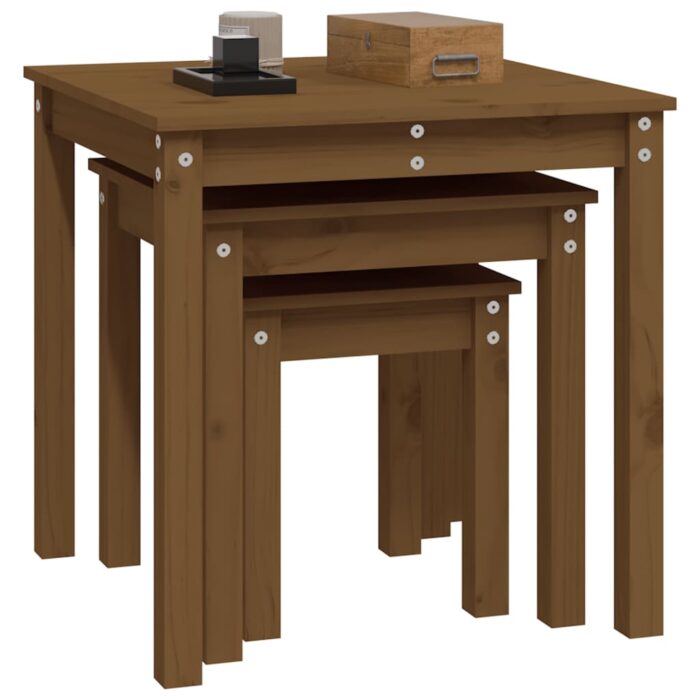 Tables gigognes 3 pcs Marron miel Bois de pin massif – Image 3