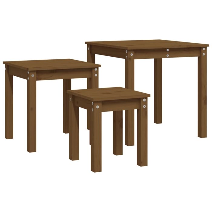 Tables gigognes 3 pcs Marron miel Bois de pin massif – Image 4