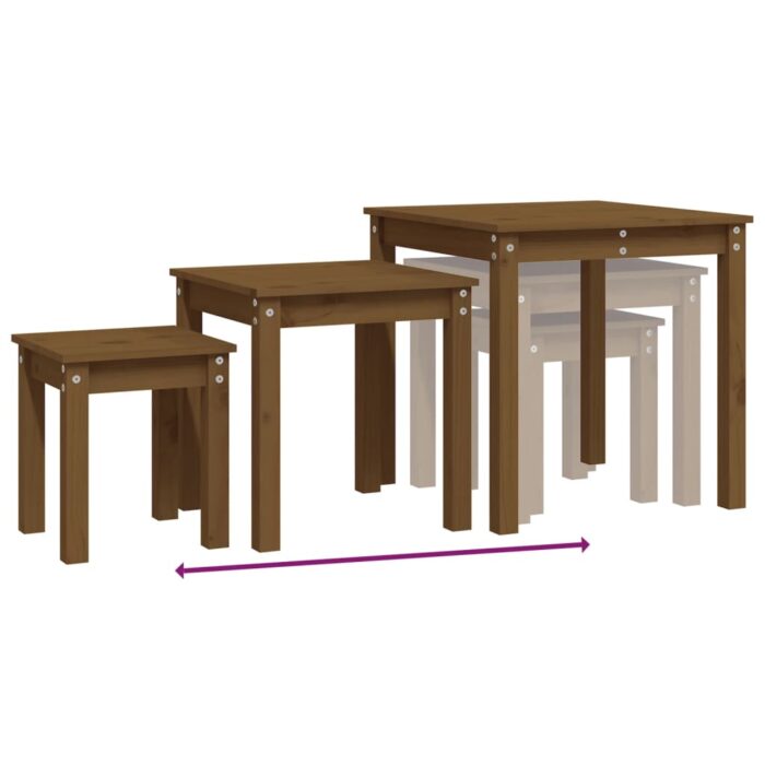 Tables gigognes 3 pcs Marron miel Bois de pin massif – Image 7