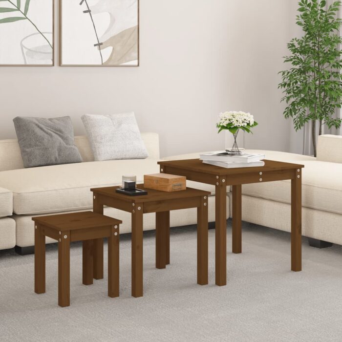Tables gigognes 3 pcs Marron miel Bois de pin massif – Image 1